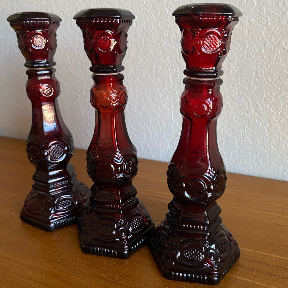 Avon Vintage 1876 Collection  Cape Cod Ruby Red Glass Candlesticks Set of 3